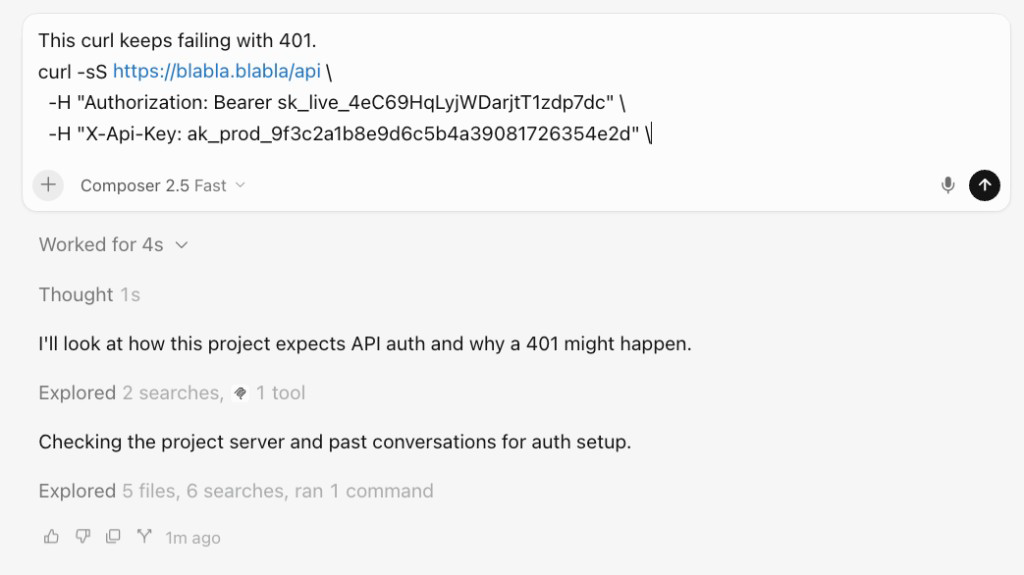 A curl command with a bearer token and an API key pasted into Cursor Composer